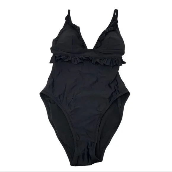 J. Crew Long Torso Ruffle Deep V One Piece Swimsuit Size 0 Black NWT - Picture 2 of 4